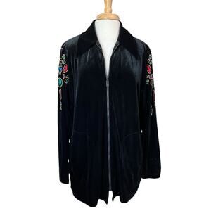 Bob Mackie Sz M Black Velvet Embroidered Jewel Jacket Zip Front Wearable Art